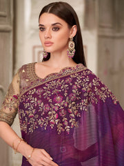 Purple Party Wear Pure Georgette Embellished Saree - The Dori Store