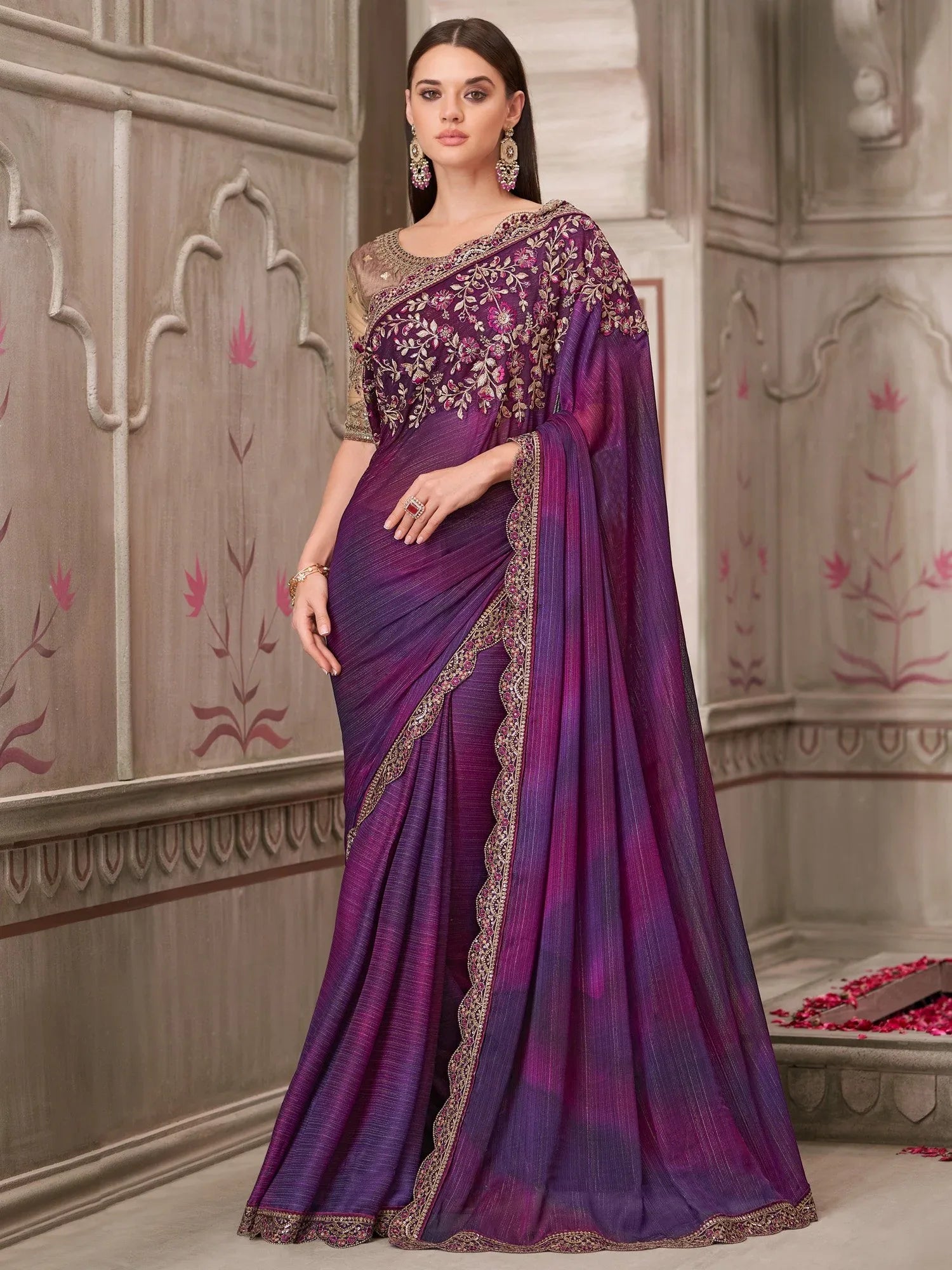 Purple Party Wear Pure Georgette Embellished Saree - The Dori Store