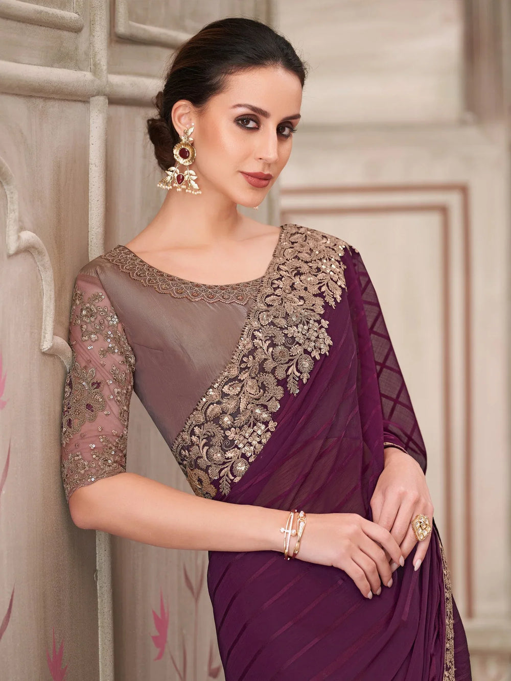 Magenta Party Wear Pure Georgette Embellished Saree - The Dori Store