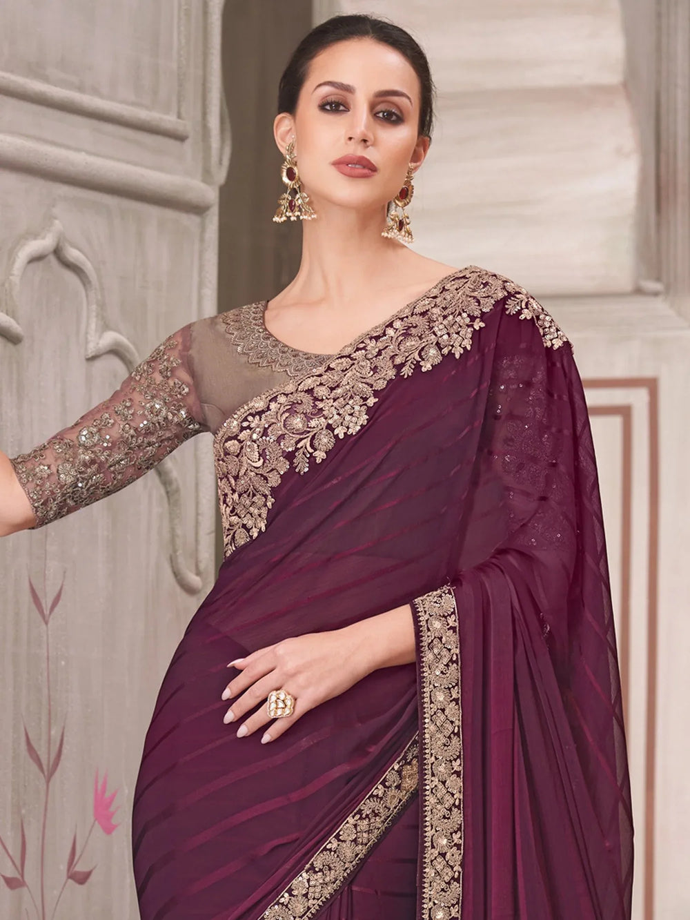 Magenta Party Wear Pure Georgette Embellished Saree - The Dori Store