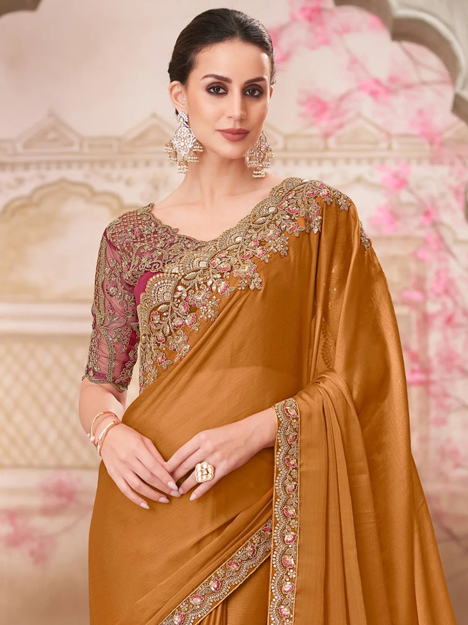 Mustard Party Wear Pure Chiffon Embellished Saree