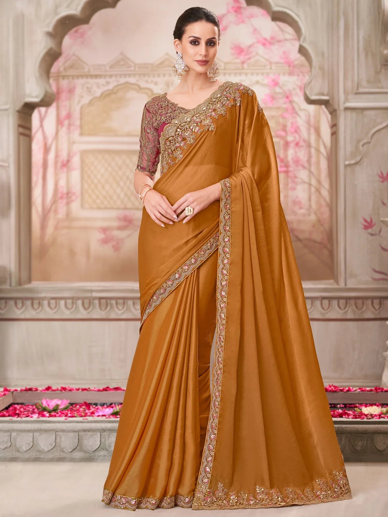 Yellow Mustard Party Wear Pure Chiffon Embellished Saree