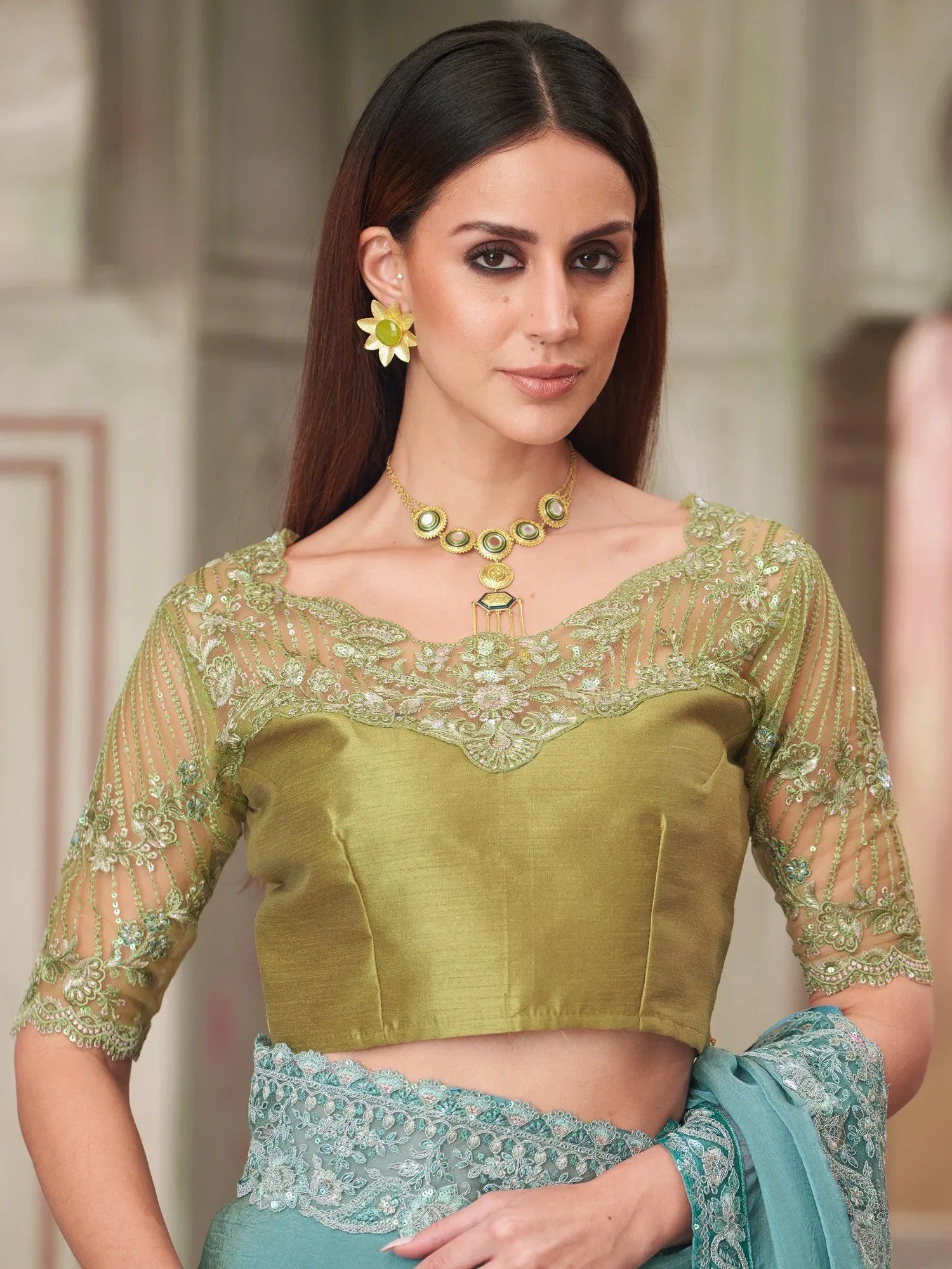 Turquoise Party Wear Pure Georgette Embellished Saree