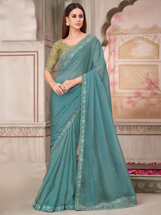 Blue Turquoise Party Wear Pure Georgette Embellished Saree