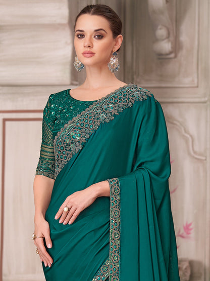 Teal Party Wear Satin Silk Embellished Saree