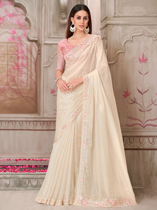 White Off Party Wear Satin Silk Embellished Saree