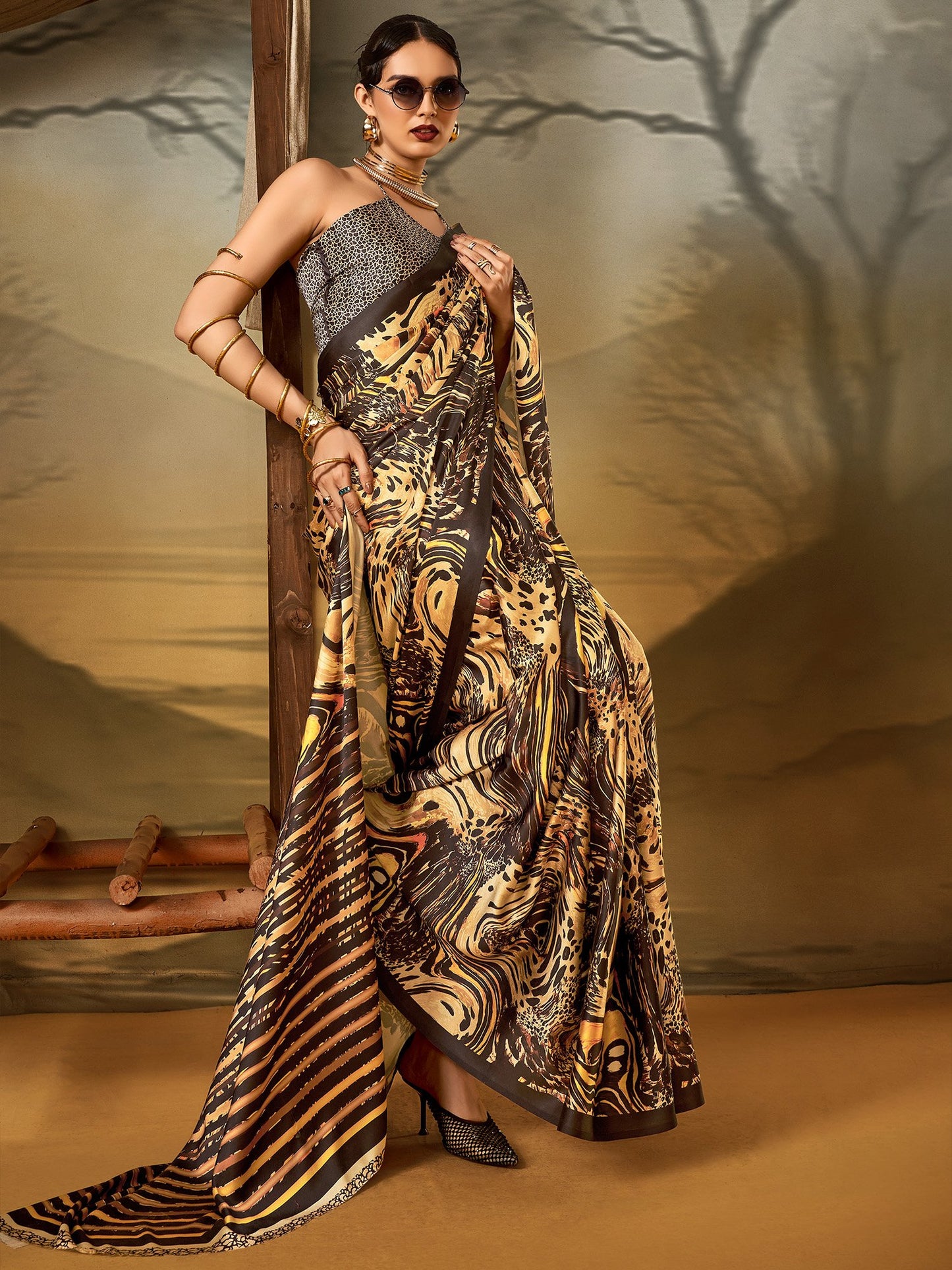 Beige Block Print Crepe Printed Saree