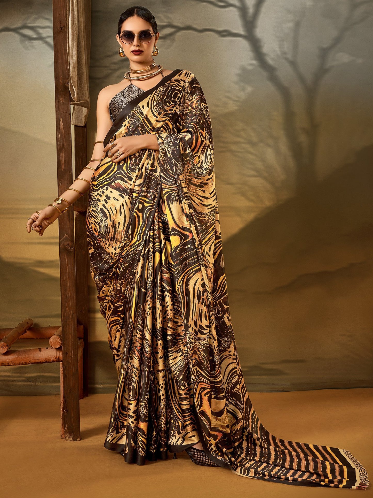 Cream Beige Block Print Crepe Printed Saree