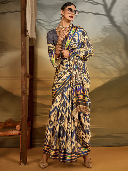 Beige Ikat Crepe Printed Saree