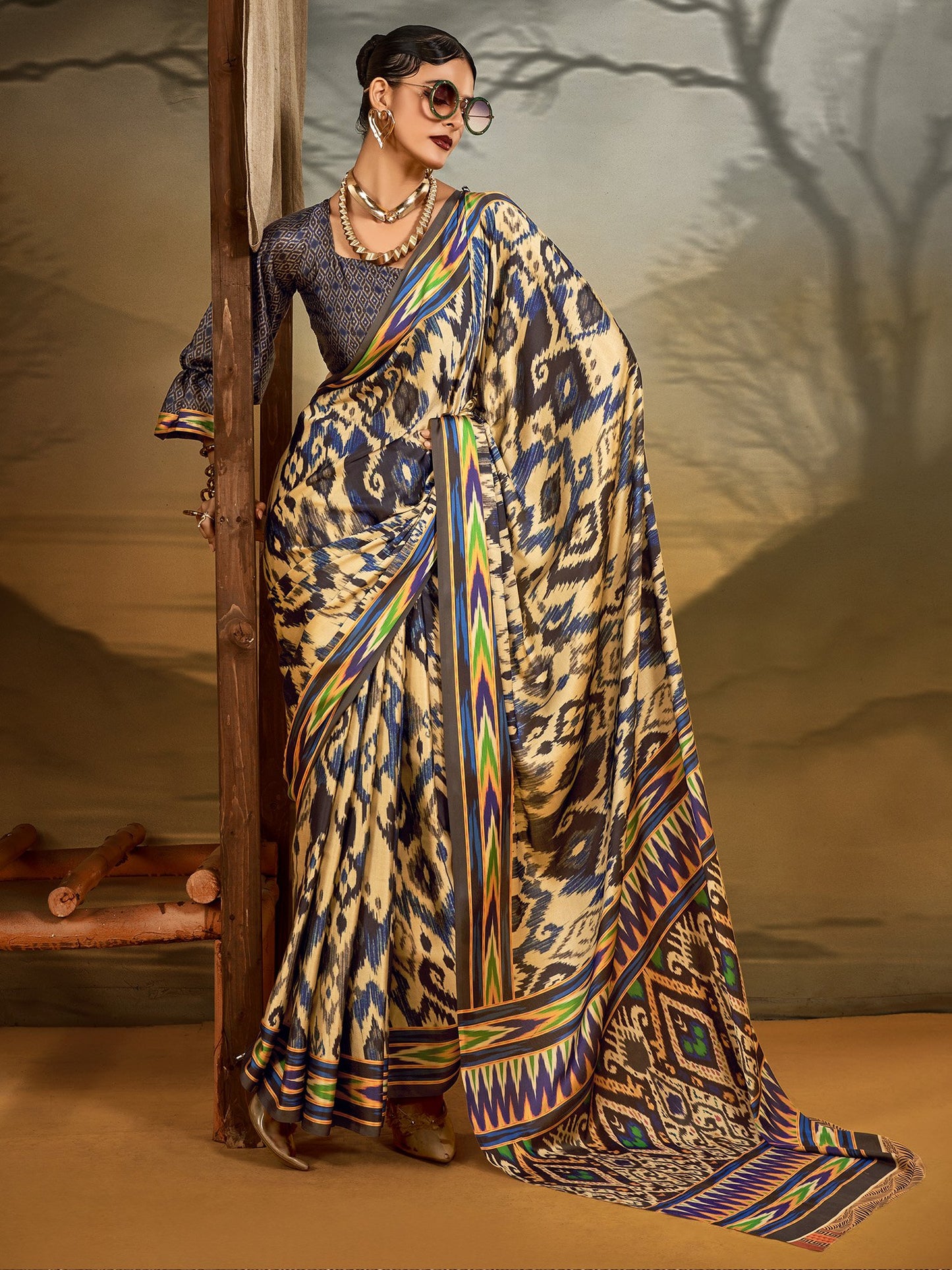 Cream Beige Ikat Crepe Printed Saree