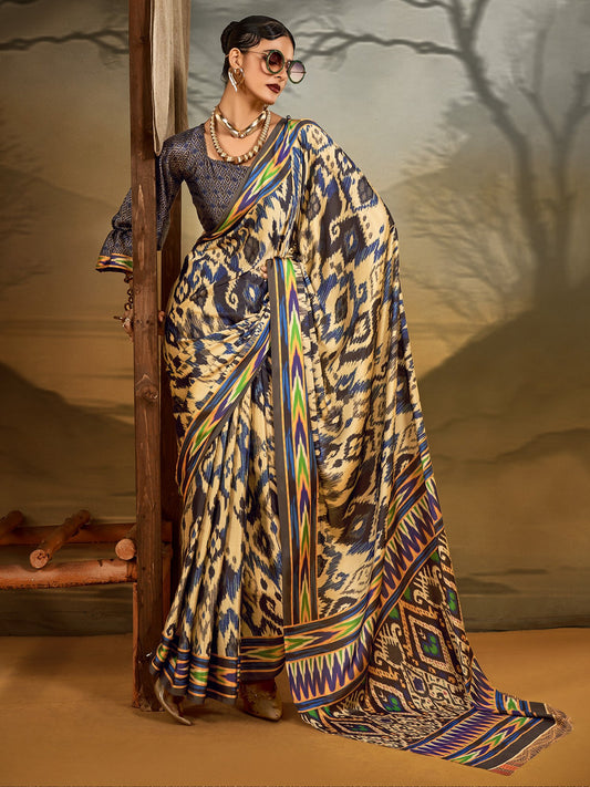 Cream Beige Ikat Crepe Printed Saree