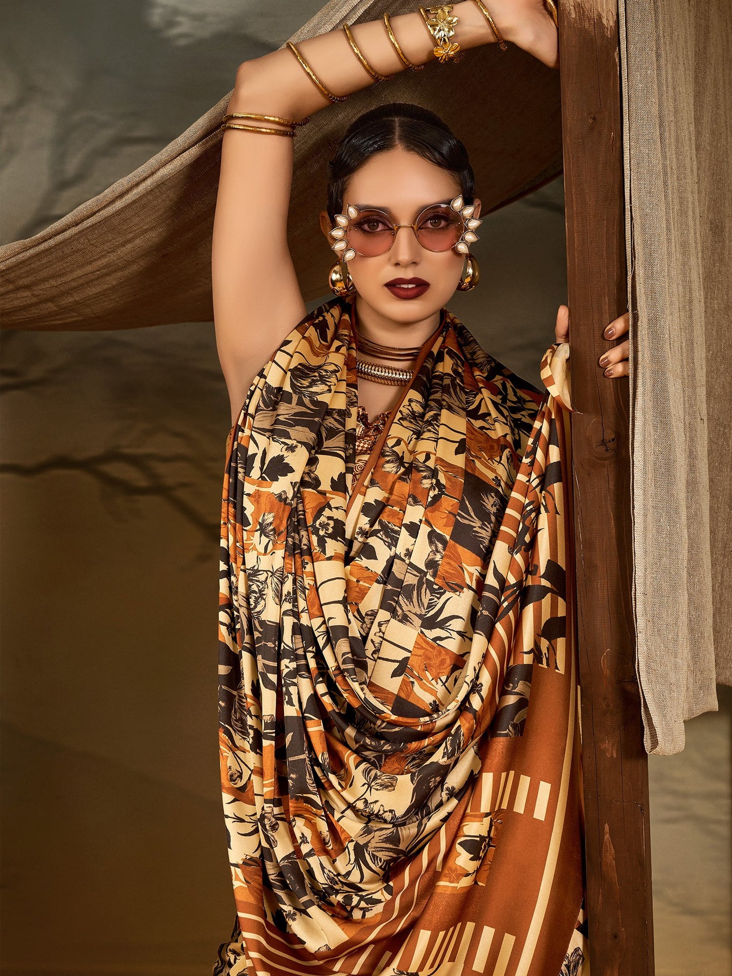 Beige Block Print Crepe Printed Saree