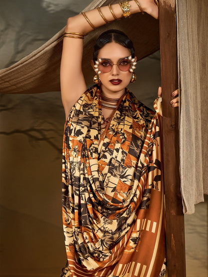 Beige Block Print Crepe Printed Saree