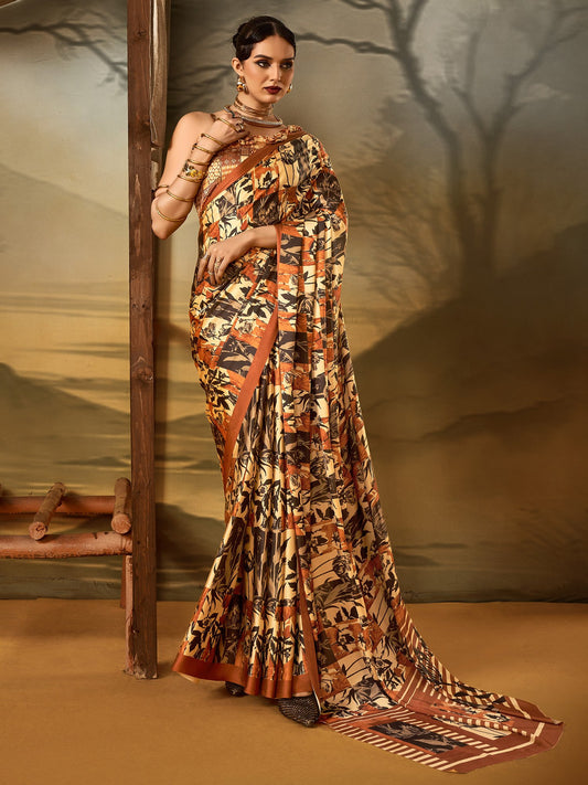 Cream Beige Block Print Crepe Printed Saree