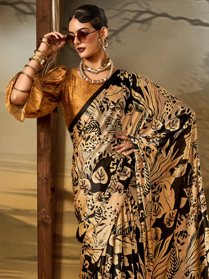 Beige Block Print Crepe Printed Saree