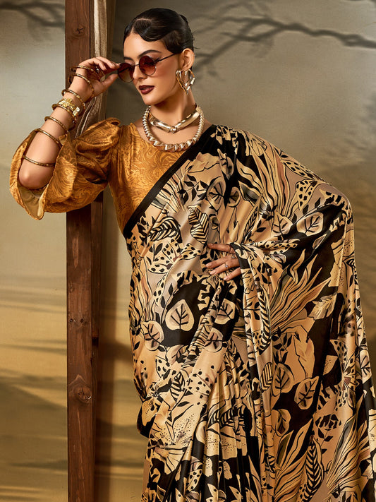 Beige Block Print Crepe Printed Saree