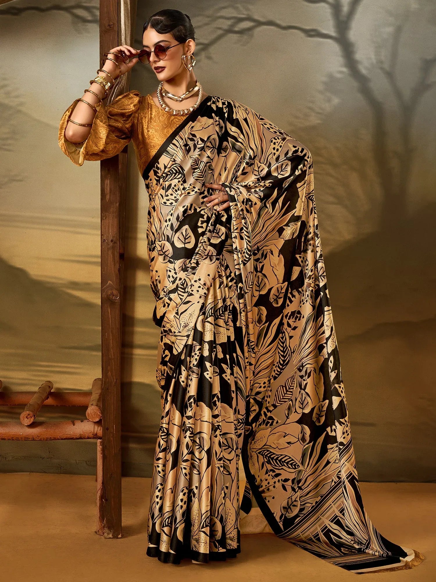 Cream Beige Block Print Crepe Printed Saree