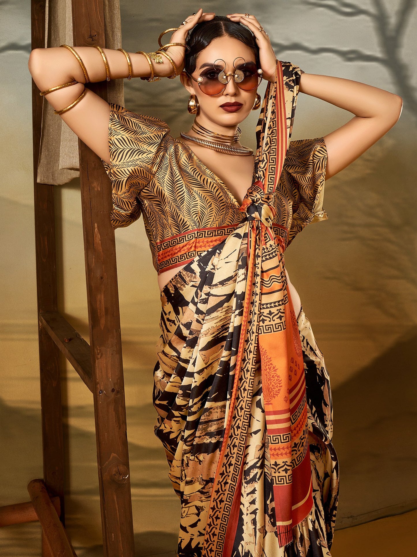 Beige Block Print Crepe Printed Saree