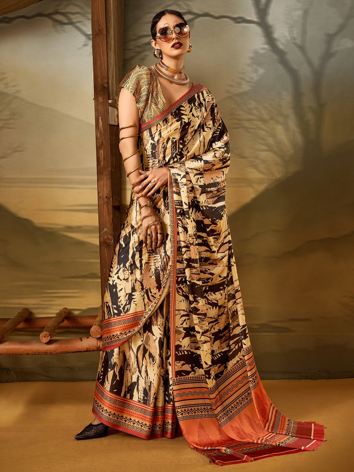 Cream Beige Block Print Crepe Printed Saree