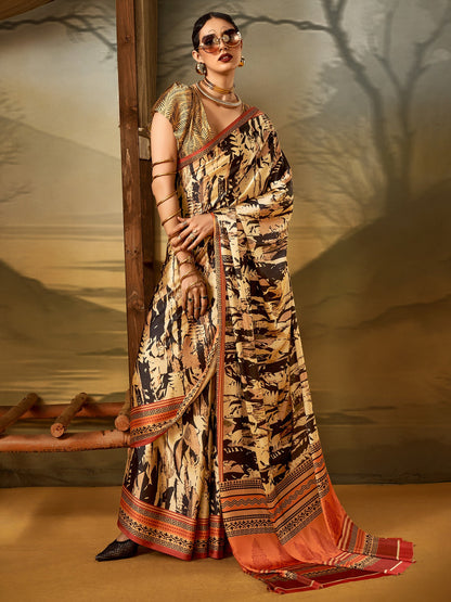 Cream Beige Block Print Crepe Printed Saree