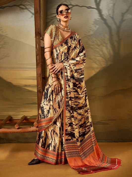 Cream Beige Block Print Crepe Printed Saree