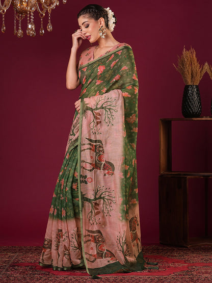 Green Bagru Cotton Linen Printed Saree