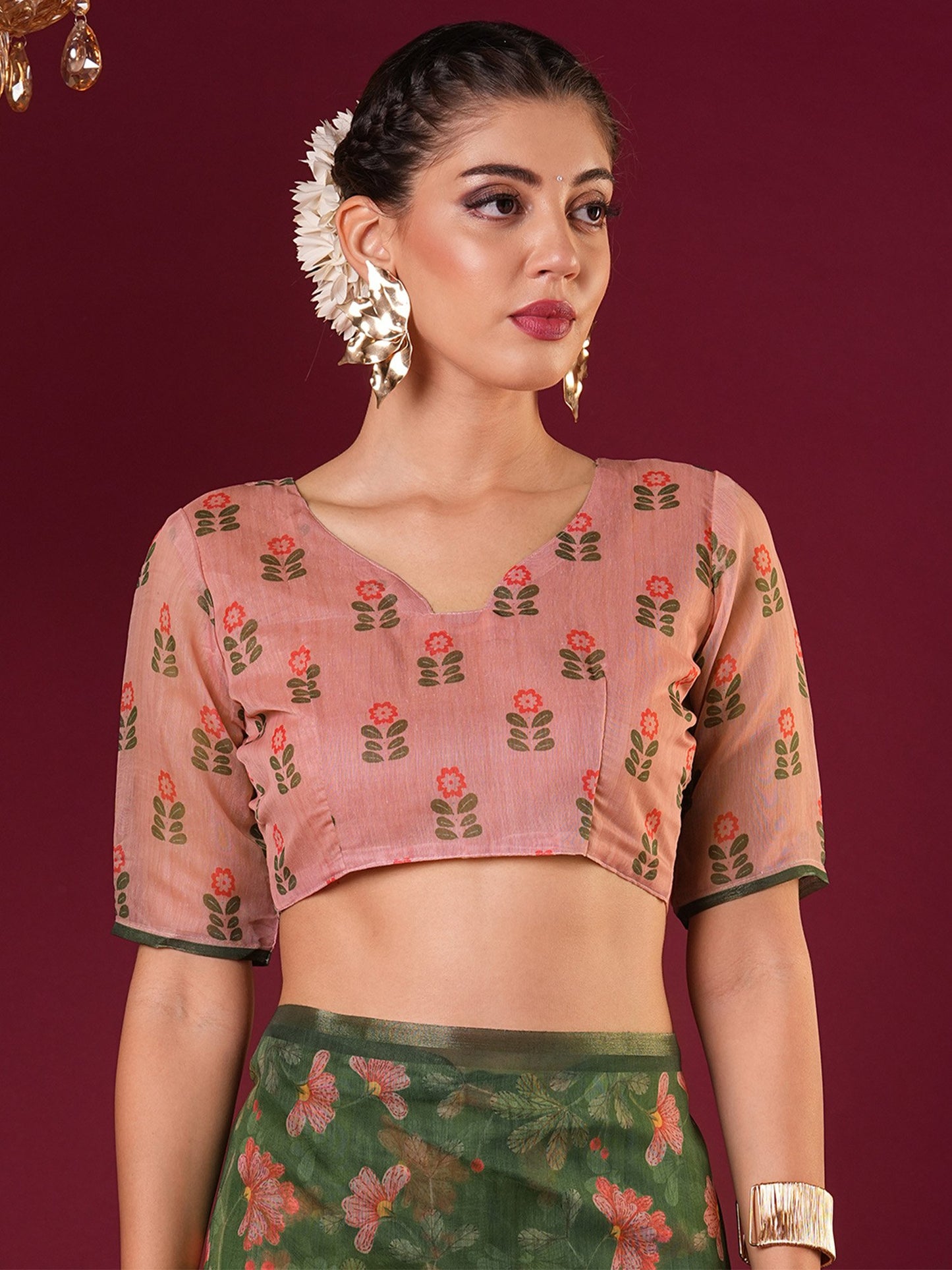 Green Bagru Cotton Linen Printed Saree