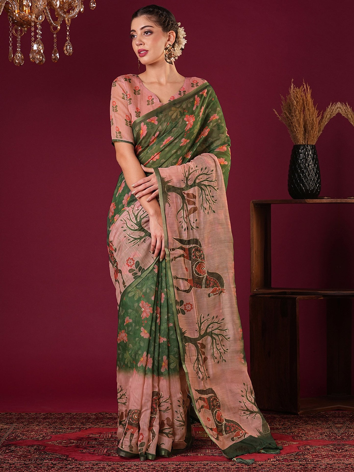 Green Green Bagru Cotton Linen Printed Saree