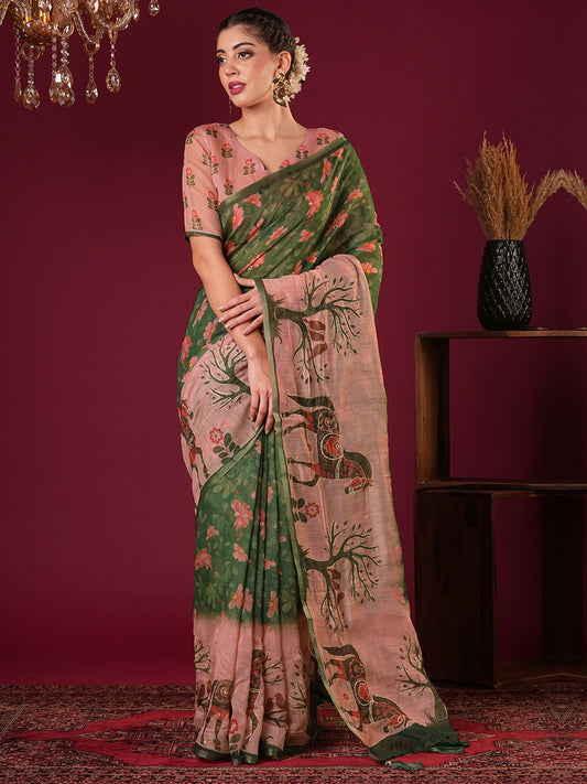 Green Green Bagru Cotton Linen Printed Saree
