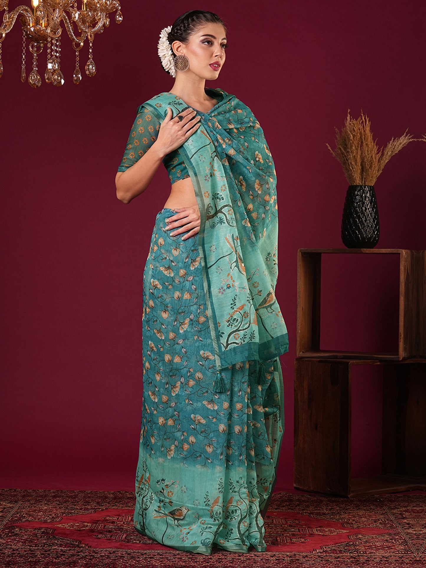 Teal Bagru Cotton Linen Printed Saree