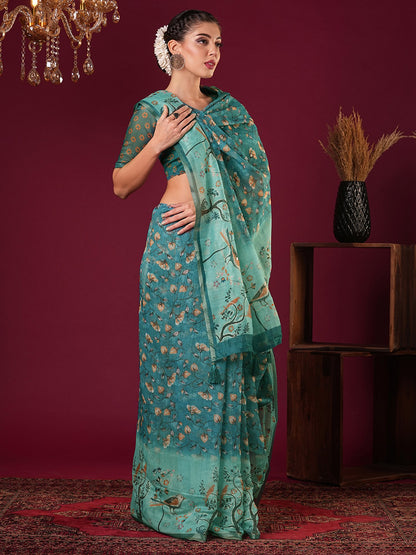 Teal Bagru Cotton Linen Printed Saree