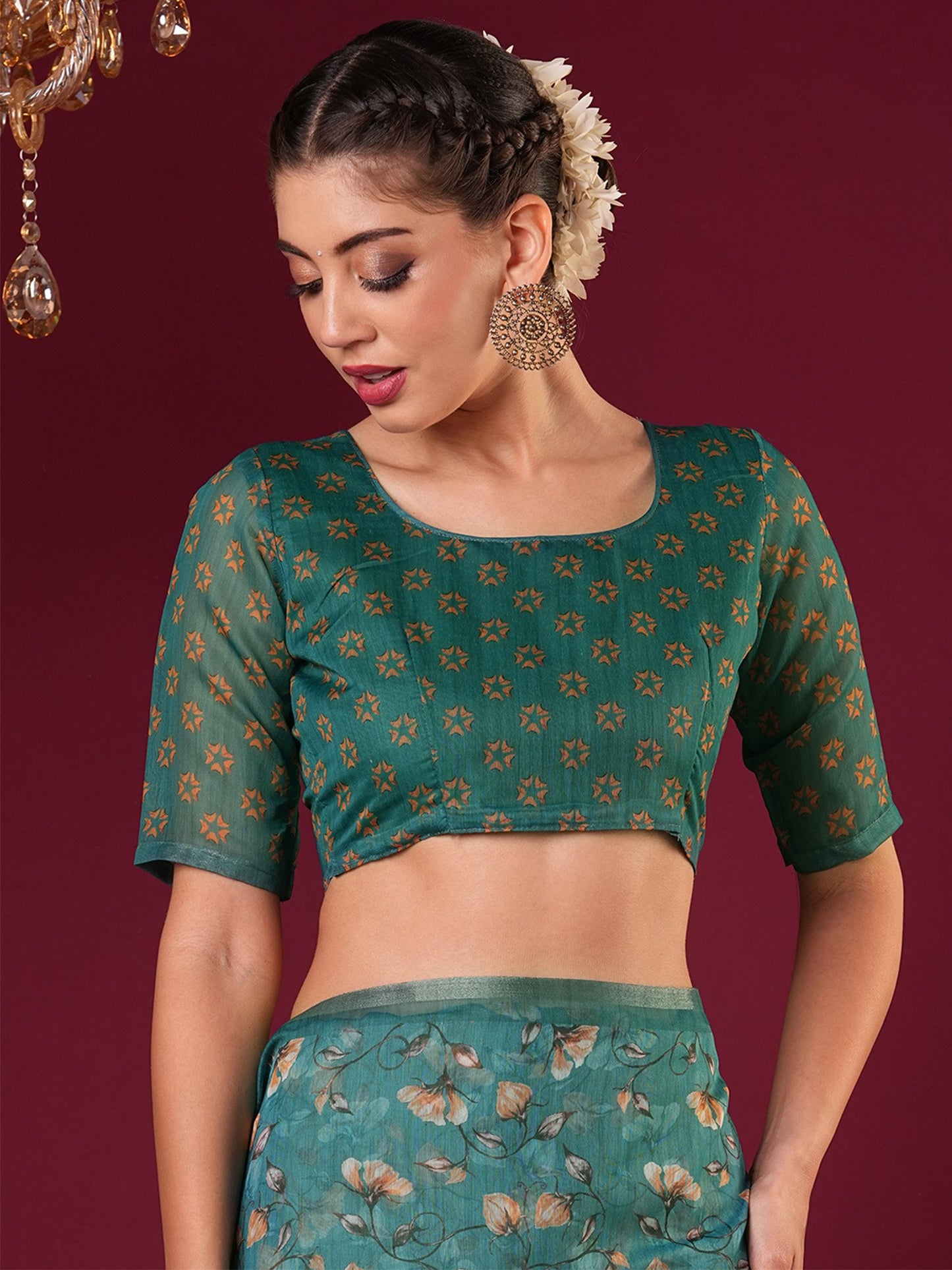 Teal Bagru Cotton Linen Printed Saree
