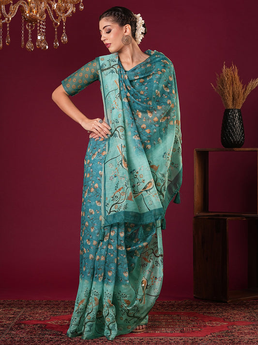 Blue Teal Bagru Cotton Linen Printed Saree