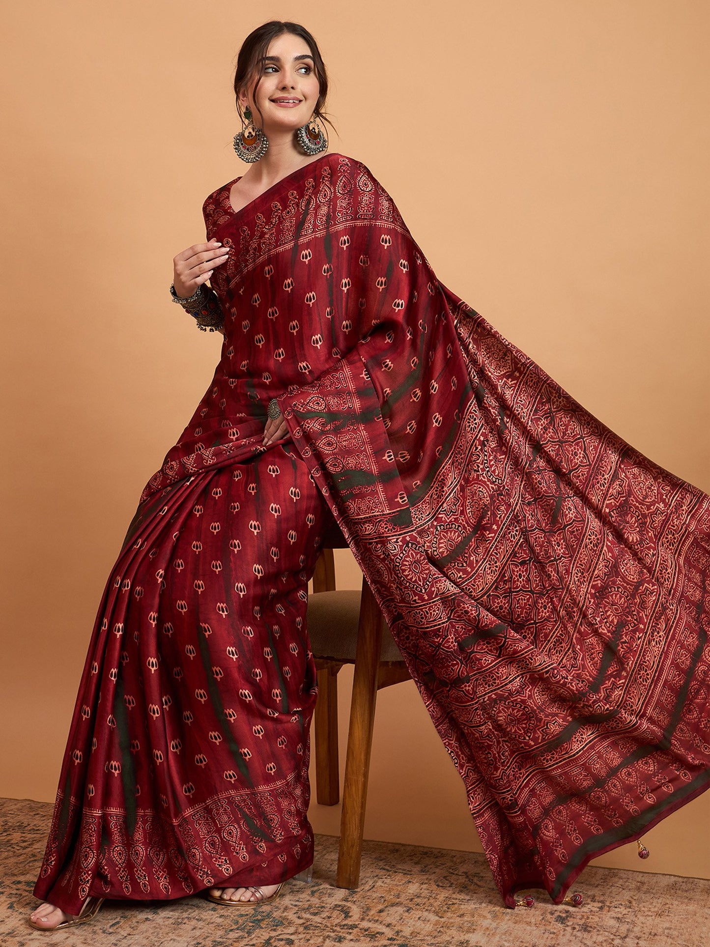 Maroon Block Print Pure Crepe Printed Saree