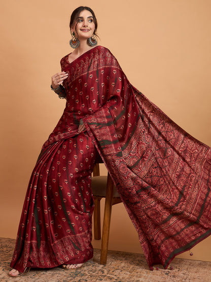 Maroon Block Print Pure Crepe Printed Saree