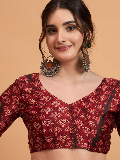 Maroon Block Print Pure Crepe Printed Saree