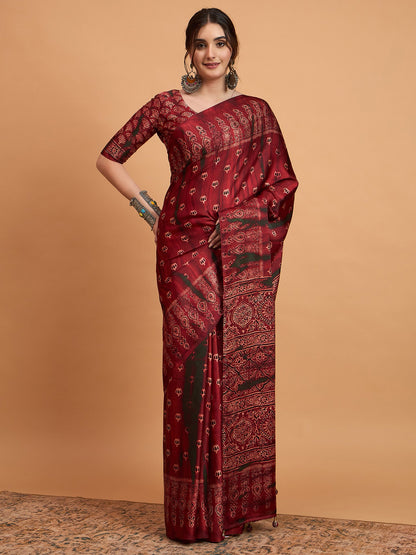 Maroon Maroon Block Print Pure Crepe Printed Saree