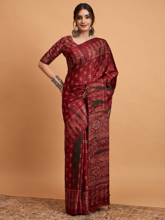 Maroon Maroon Block Print Pure Crepe Printed Saree