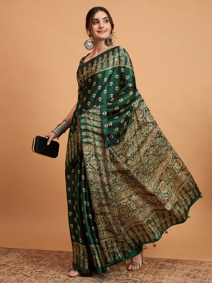 Green Block Print Pure Crepe Printed Saree