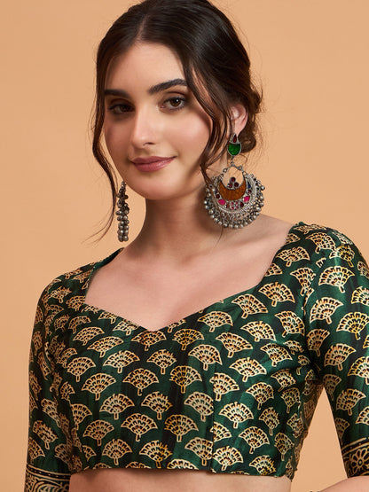 Green Block Print Pure Crepe Printed Saree