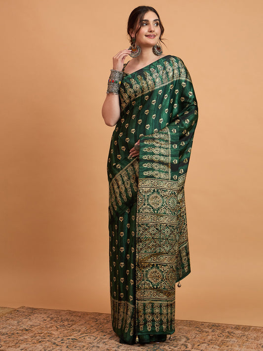 Green Green Block Print Pure Crepe Printed Saree