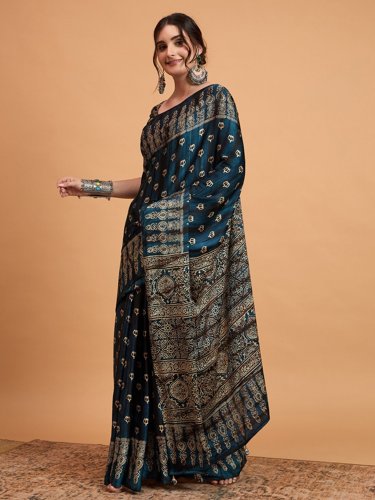 Teal Block Print Pure Crepe Printed Saree