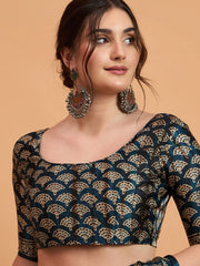 Teal Blue Block Print Pure Crepe Printed Saree