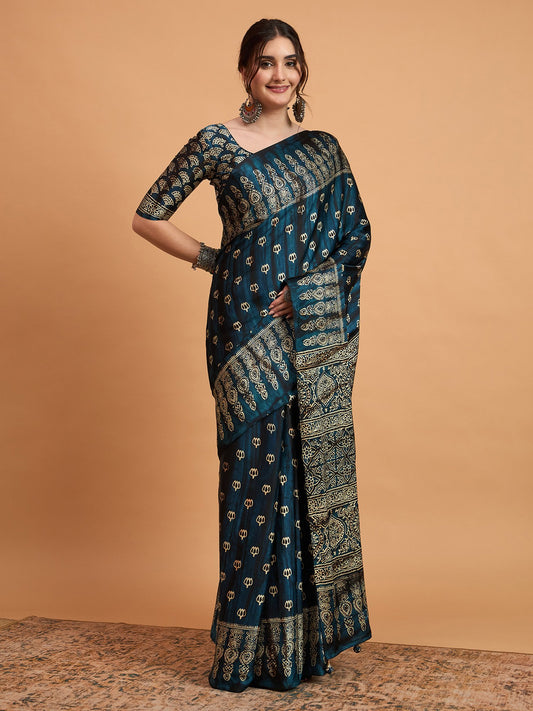 Blue Teal Block Print Pure Crepe Printed Saree