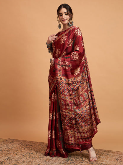 Maroon Block Print Pure Crepe Printed Saree