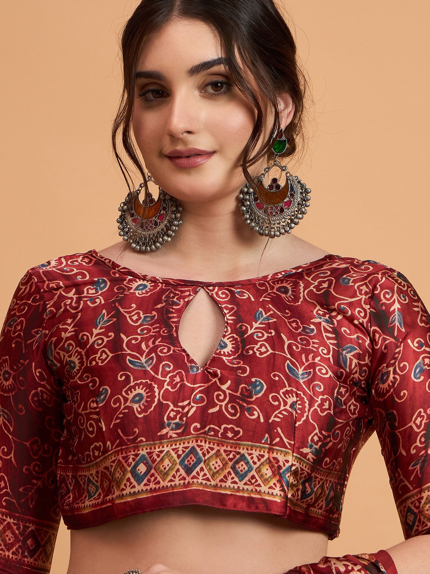 Maroon Block Print Pure Crepe Printed Saree