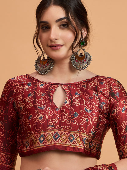 Maroon Block Print Pure Crepe Printed Saree