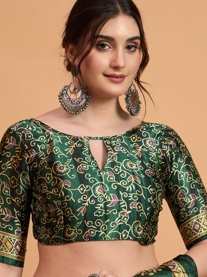 Green Block Print Pure Crepe Printed Saree