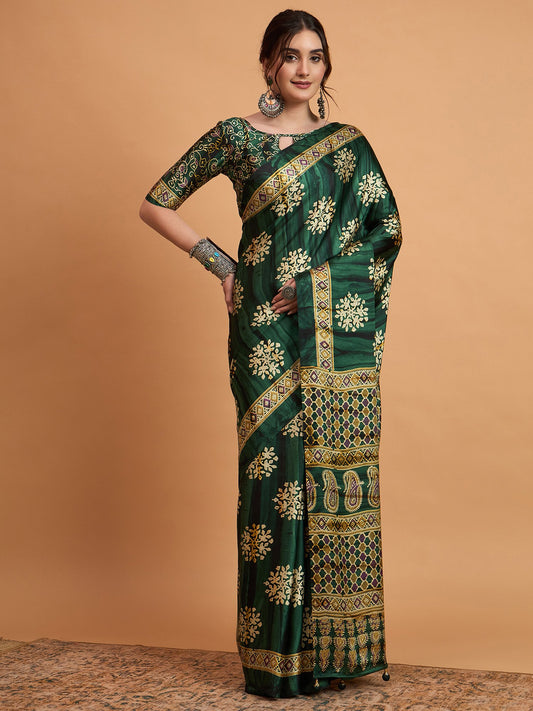 Green Green Block Print Pure Crepe Printed Saree