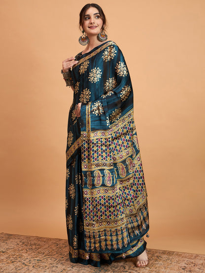 Teal Block Print Pure Crepe Printed Saree
